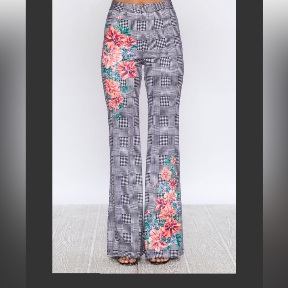 NEW Flying Tomato Plaid Flare Pants with Pink Floral Embroidery - Picture 2 of 5